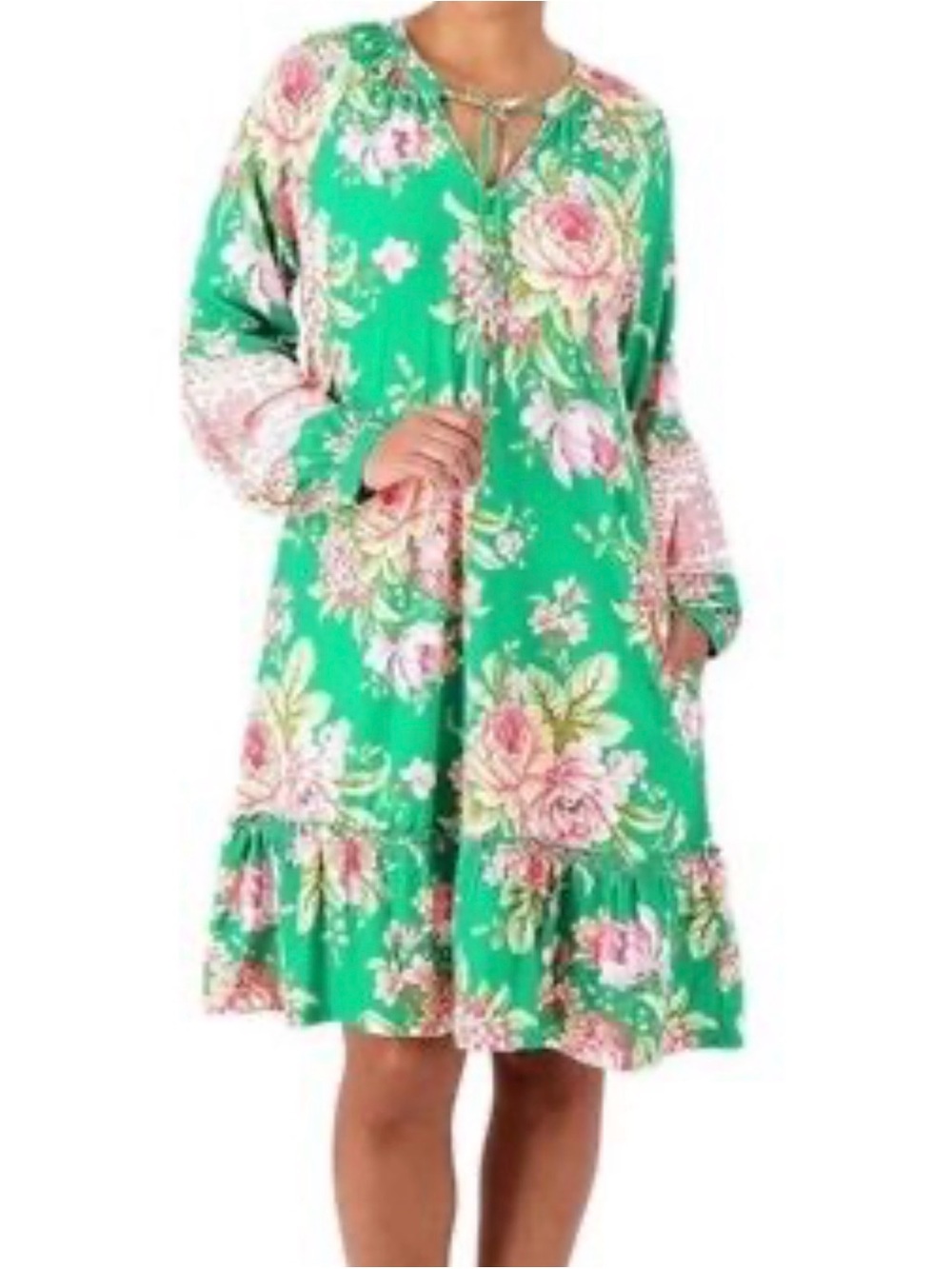 Tolani Green Floral Tie-Neck Ruffle Hem Dress